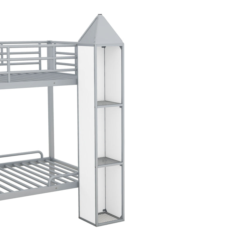 Metal Twin Over Twin Castle-Shaped Bunk Bed With Wardrobe And Multiple Storage - Gray / White