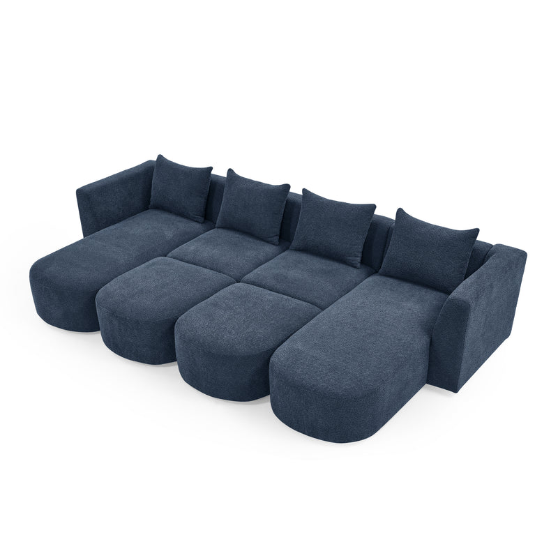 U Shape Sectional Sofa including Two Single Seat, Two Chaises and Two Ottomans, Modular Sofa, DIY Combination, Loop Yarn Fabric, Navy