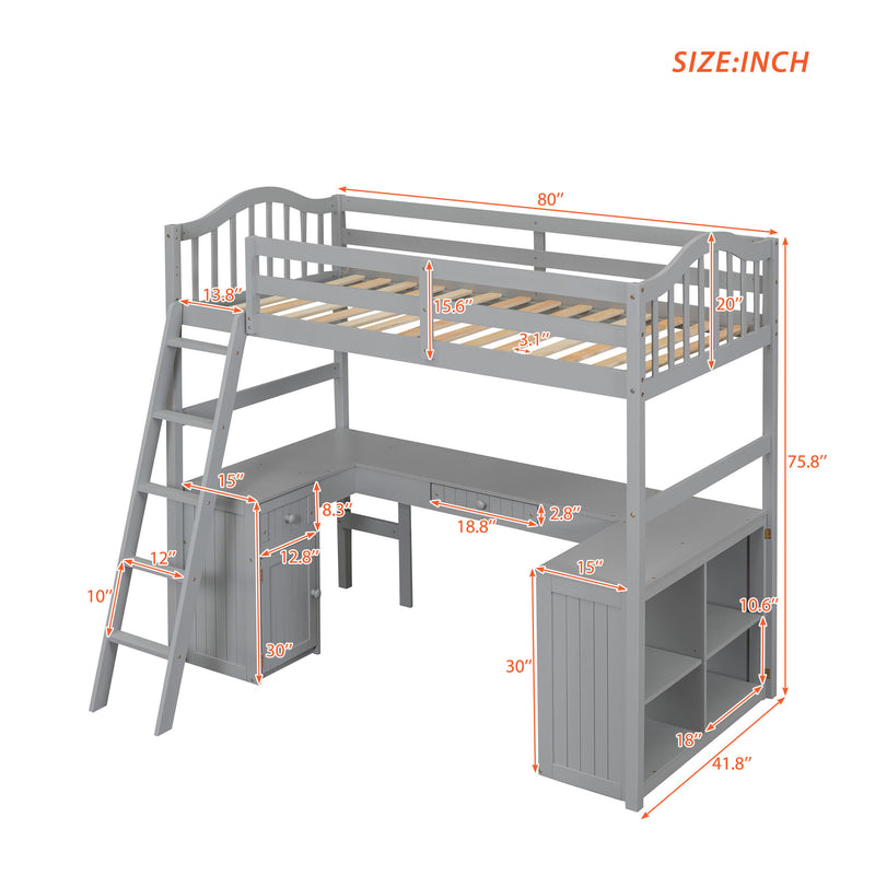 Twin size Loft Bed with Drawers, Cabinet, Shelves and Desk, Wooden Loft Bed with Desk - Gray(OLD SKU :LT000505AAE)