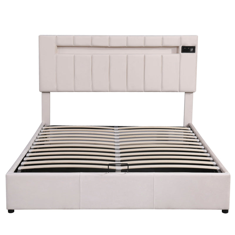 Queen Size Upholstered Bed With Led Light - Bluetooth Player And USB Charging, Hydraulic Storage Bed