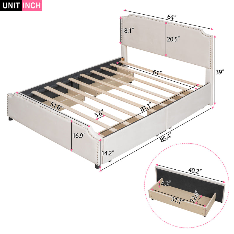 Upholstered Platform Bed with Stud Trim Headboard and Footboard and 4 Drawers No Box Spring Needed, Velvet Fabric, Queen Size (Beige)