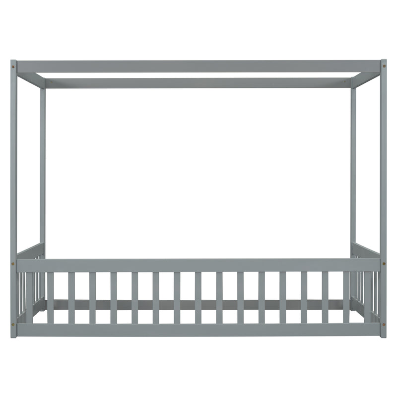 Twin Size Canopy Frame Floor Bed with Fence, Guardrails,Grey