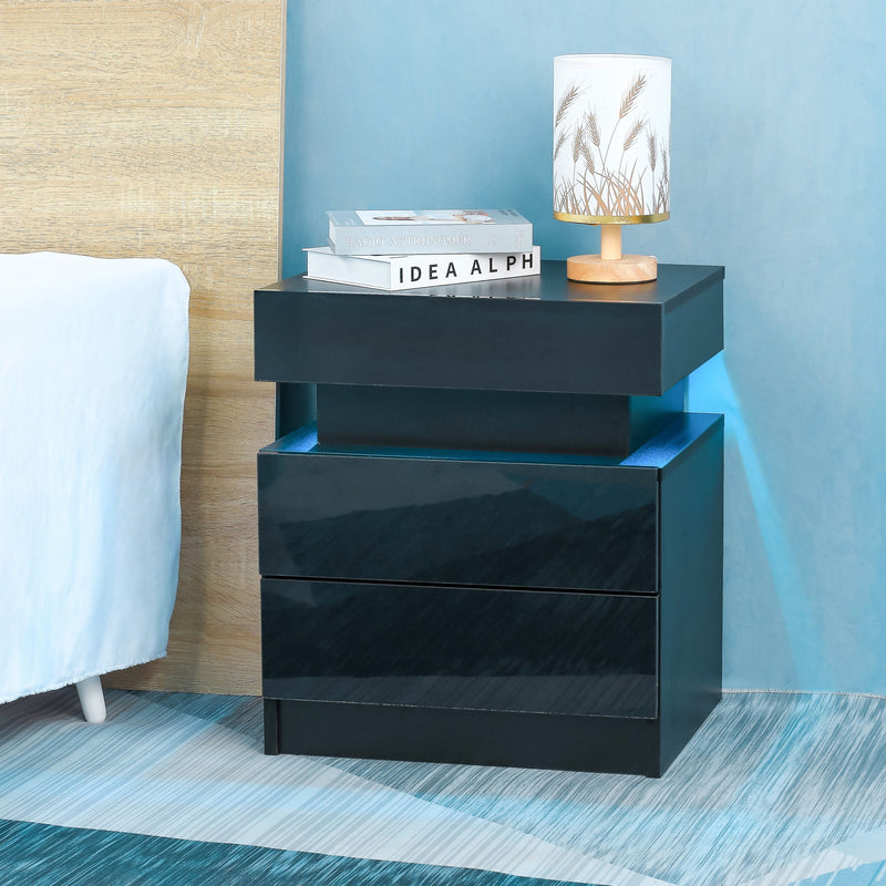 Nightstand With LED Lights Wood LED Bedside Table Nightstand With 2 High Gloss Drawers For Bedroom