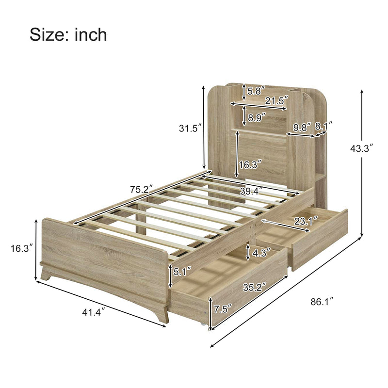 Twin Size Storage Platform Bed Frame with with Two Drawers and Light Strip Design in Headboard,Natural