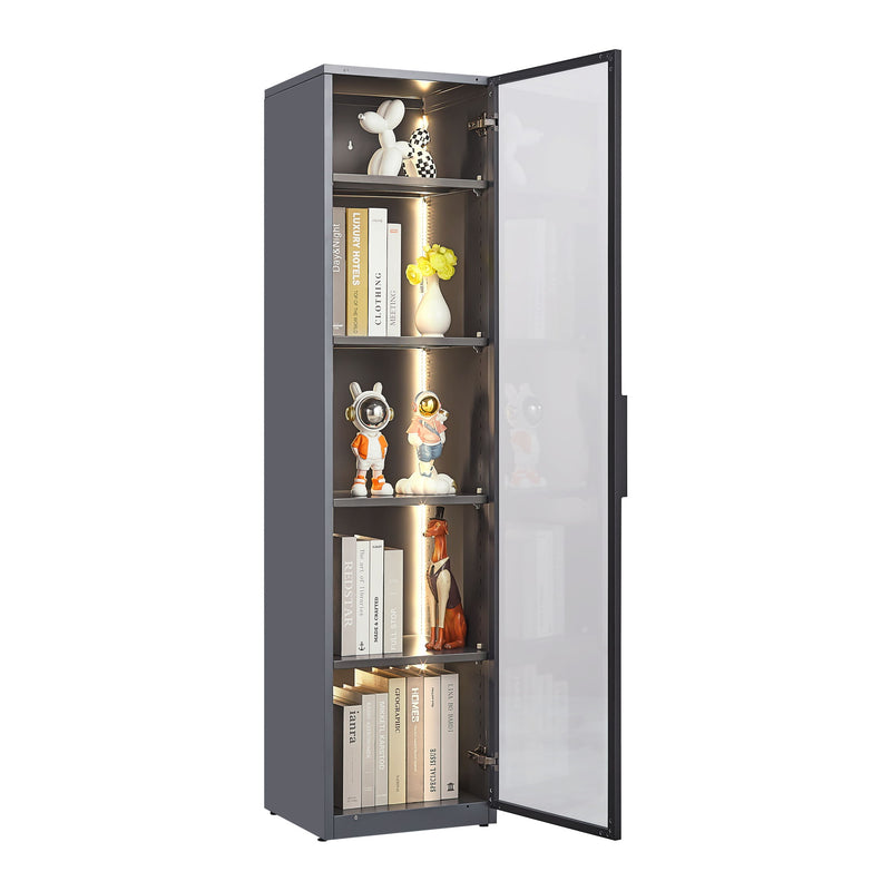 Single Glass Door Metal Storage Cabinet For Storing Photo Frames, Models, Handicrafts Display Cabinets With Removable Dividers And Led Light Strips - Gray