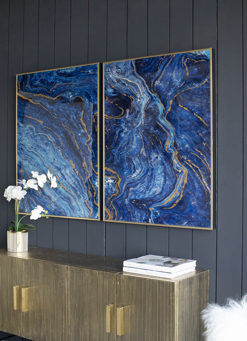 Framed Art Panels, Unique Marbled Design (Set of 2) - Blue / Gold