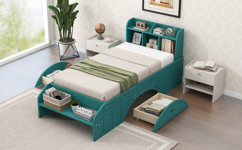 Wood Twin Size Platform Bed with 2 Drawers, Storage  Headboard and Footboard, Dark Green