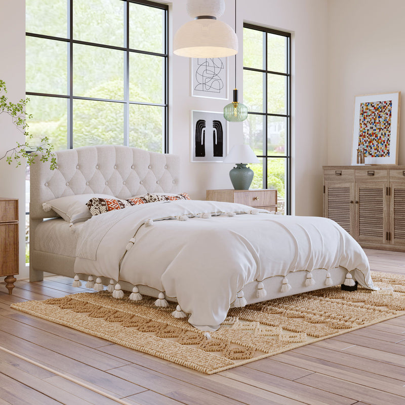 Queen Upholstered Platform Bed With Saddle Curved Headboard And Diamond Tufted Details - Beige