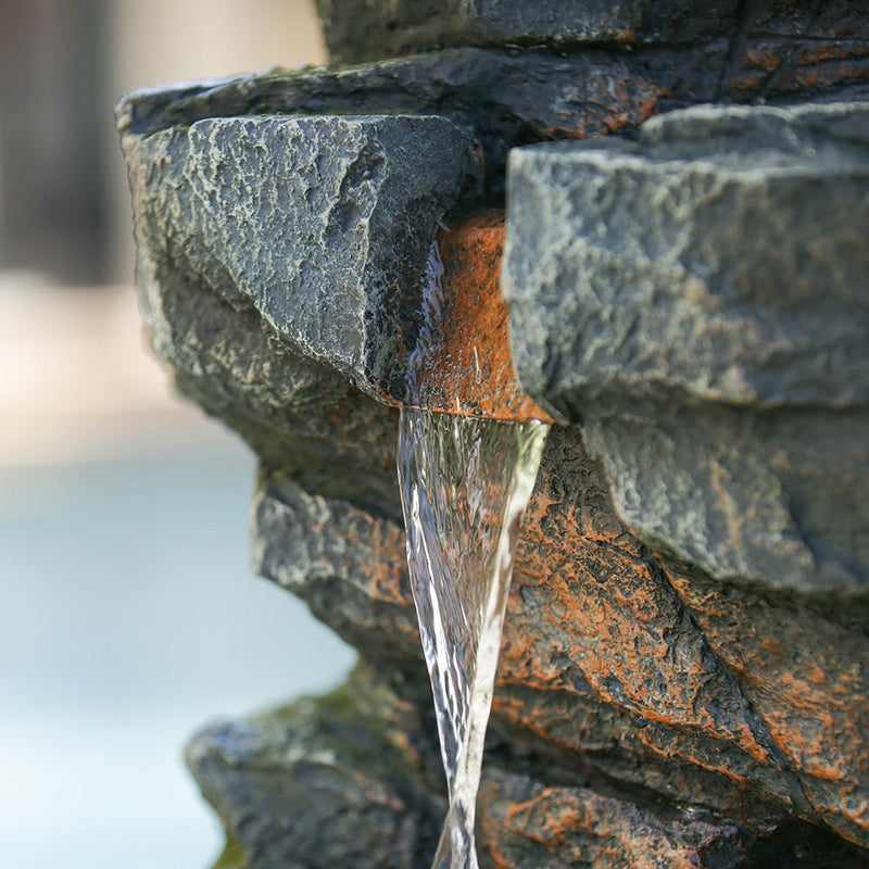 5 Tier Polyresin Fountain, Natural Rock Stone Water Feature For Patio & Backyard, Large Freestanding Fountain With LED Light - Gray