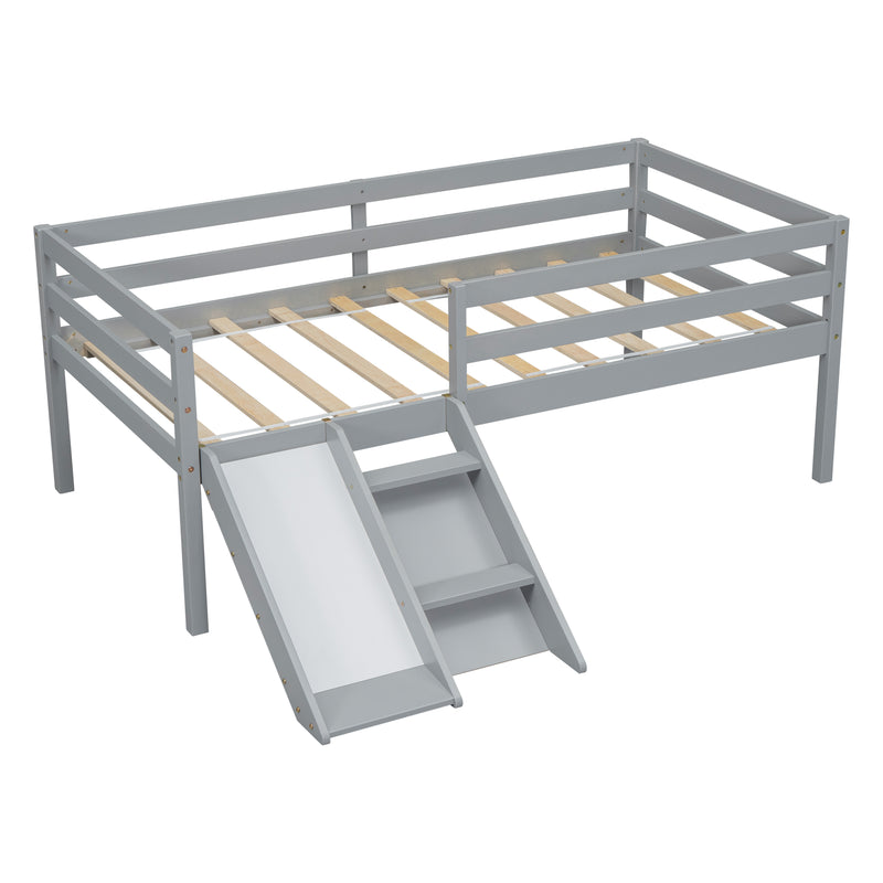 Twin Low Loft Bed with Slide,  Ladder, Safety Guardrails, No Box Spring Needed,Grey