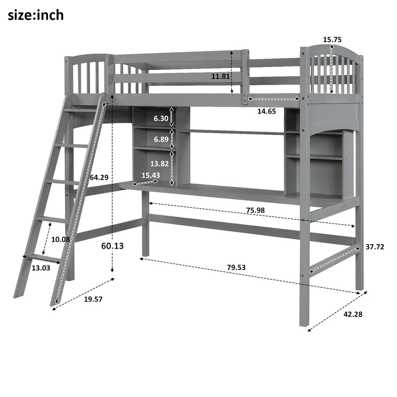 Twin size Loft Bed with Storage Shelves, Desk and Ladder, Gray(OLD SKU :LP000140EAA)