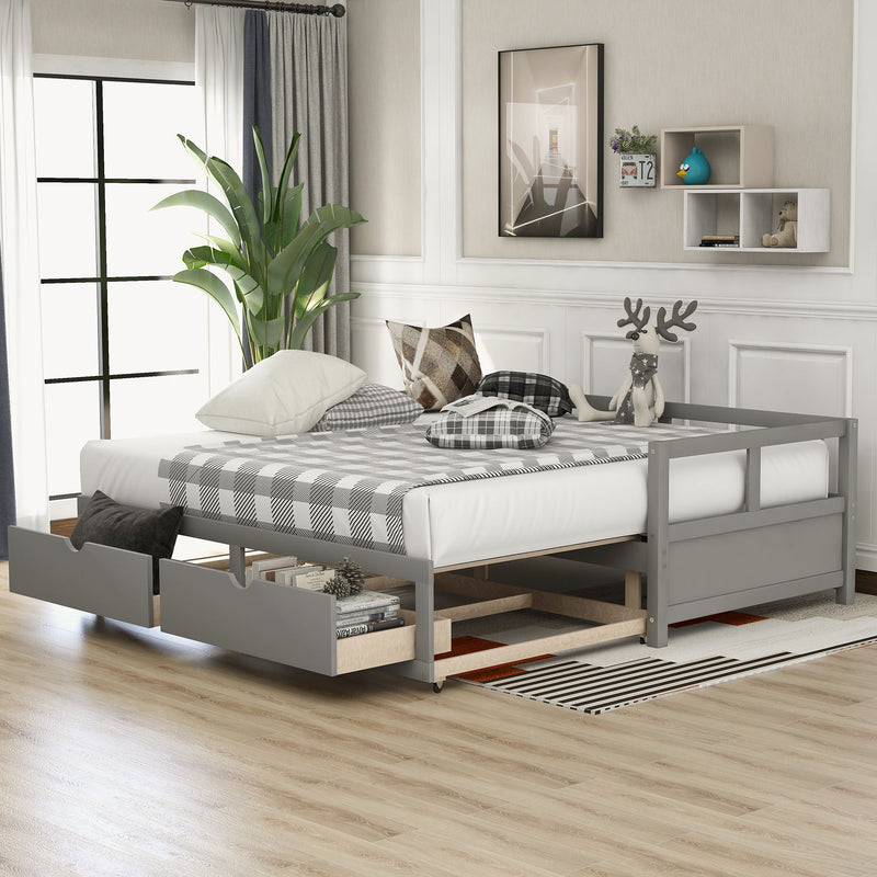 Wooden Daybed With Trundle Bed And Two Storage Drawers, Extendable Bed Daybed, Sofa Bed For Bedroom Living Room - Gray