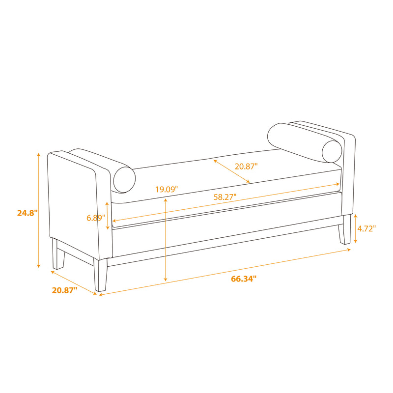 Elegant Upholstered Bench, Daybed, Ottoman With Wood Legs & 2 Bolster Pillows For End Of Bed, Bedroom, Living Room, Entryway