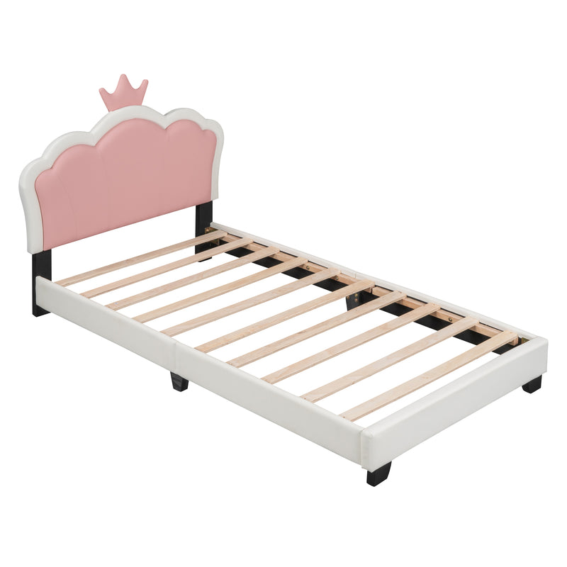 Twin size Upholstered Princess Bed With Crown Headboard,Twin Size Platform Bed with Headboard and Footboard, White+Pink