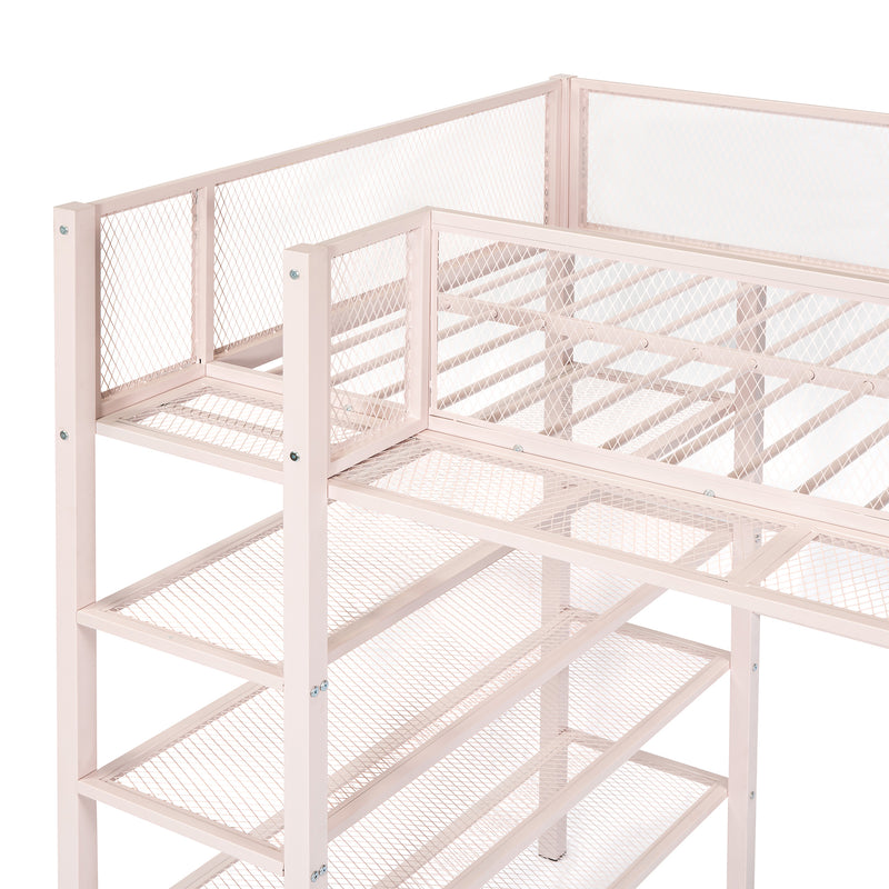 Twin Size Metal Loft Bed with 4-Tier Shelves and Storage, Pink