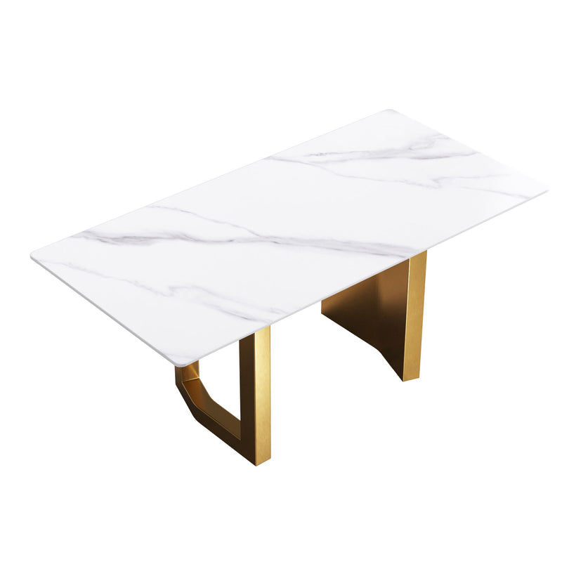 70.87" Modern Artificial Stone Straight Edge Golden Metal Leg Dining Table, Can Accommodate 6-8 People - White / Gold