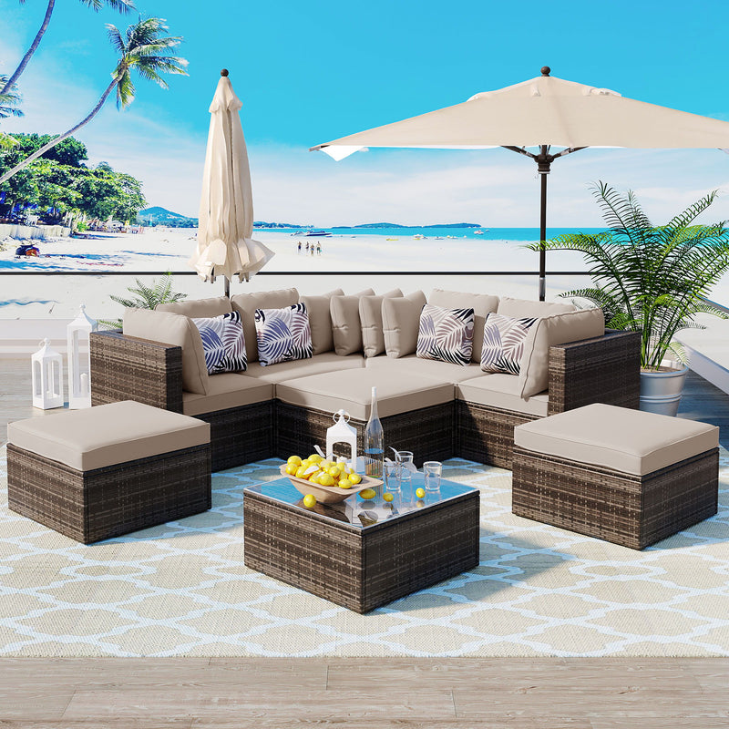 8 Piece Outdoor Wicker Sofa Set, Rattan Sofa Lounger, With Colorful Pillows, Conversation Sofa, For Patio, Garden, Deck - Brown / Beige