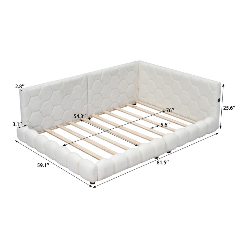 Upholstered Full Size platform bed with USB Ports and LED belt, White