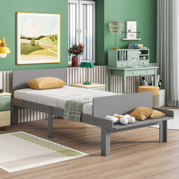 Twin Bed with Footboard Bench,Grey