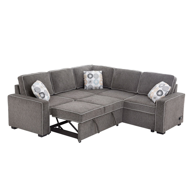 L-Shaped Pull Out Sofa Bed Modern Convertible Sleeper Sofa With 2 USB Ports, 2 Power Sockets, 3 Pillows For Living Room - Gray