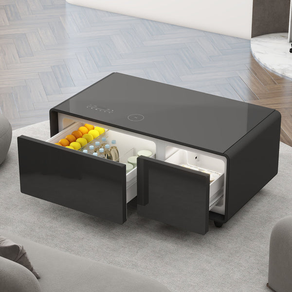 Modern Smart Coffee Table With Built-In Fridge - Bluetooth Speaker, Wireless Charging, Touch Control Panel, USB Interface, Outlet Protection, Atmosphere Light - Black