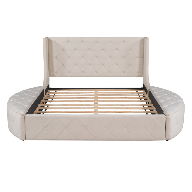 Upholstered Platform Bed Queen Size Storage Velvet Bed with Wingback Headboard and 1 Big Drawer,2 Side Storage Stool(Beige)