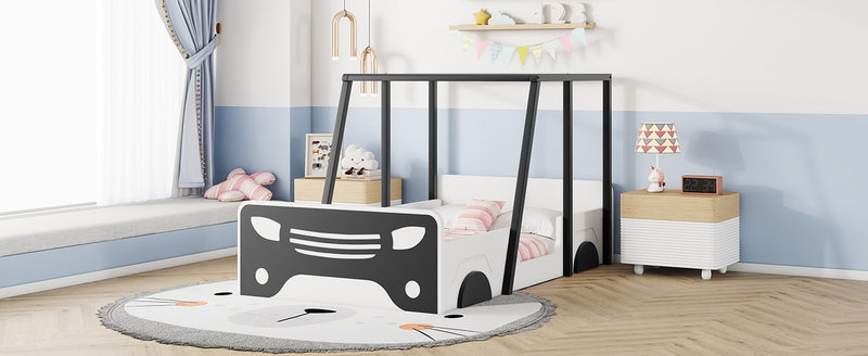 Twin Size Car-shaped Bed with Roof,Wooden Twin Floor Bed with wheels and door Design,Montessori Inspired Bedroom,Black