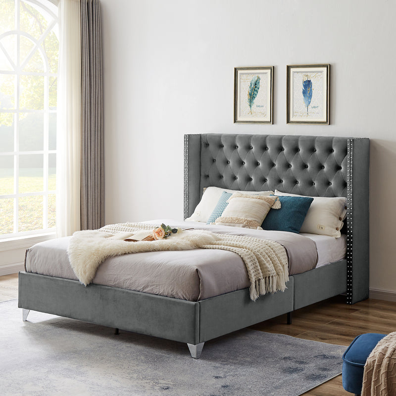 B100S Queen bed,  Button designed Headboard, strong wooden slats + metal support feet, Gray Flannelette