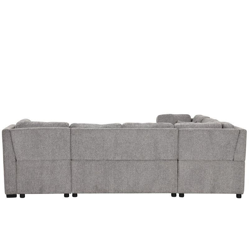 U-Shaped Sectional Sofa Pull Out Sofa Bed With Two USB Ports, Two Power Sockets, Three Back Pillows And A Storage Chaise For Living Room