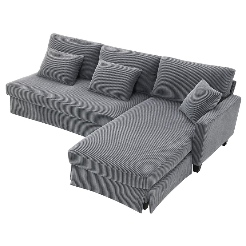 Modern L-Shaped Corduroy Sofa With Reversible Chaise, 4-Seat Upholstered Sectional Indoor Furniture, Convertible Sleeper Couch With Pillows For Living Room, Apartment