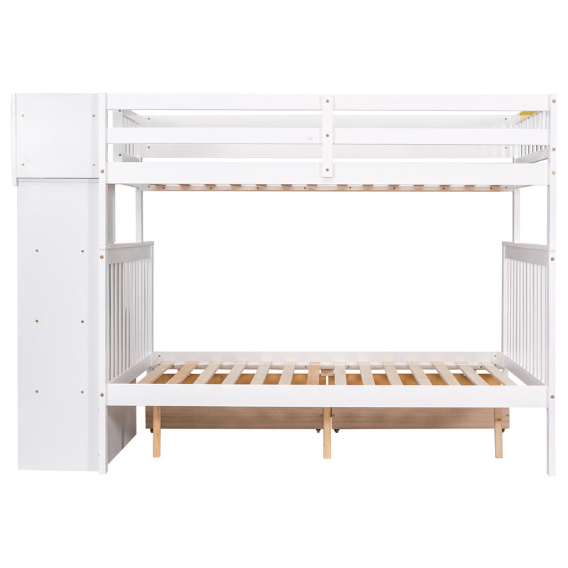 Twin Over Full Bunk Bed with 2 Drawers and Staircases, Convertible into 2 Beds, the Bunk Bed with Staircase and Safety Rails for Kids, Teens, Adults, White