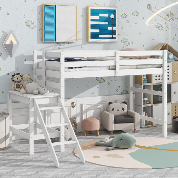 Twin Loft Bed with Platform, ladder,White