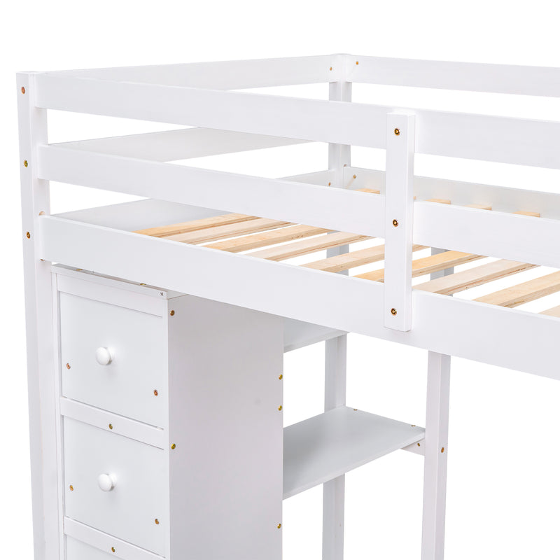 Twin size Loft Bed with Storage Drawers ,Desk and Stairs, Wooden Loft Bed with Shelves - White