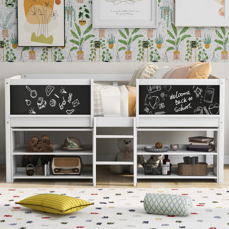 Twin Size Low Loft Bed with Two Movable Shelves and Ladder,with Decorative Guardrail Chalkboard,White(Old SKU: WF283286AAK)