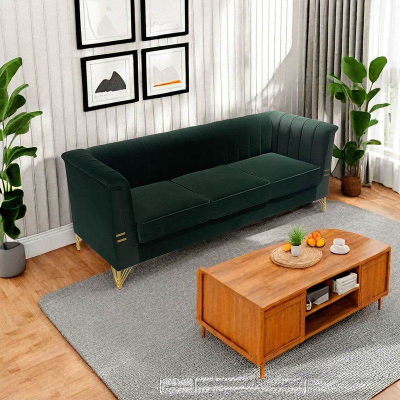 Fx-P82-Gr (Sofa) Velvet Sofa, Mid-Century Sofa Furniture Chesterfield Couch For Living Room - Green