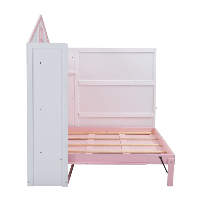 Wood Full Size House Murphy Bed with USB, Storage Shelves and Blackboard, Pink+White