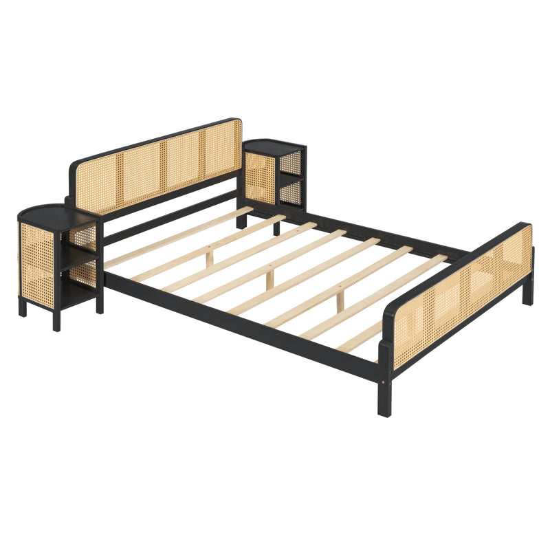 3 Pieces Rattan Platform Full Size Bed With 2 Nightstands,Espresso