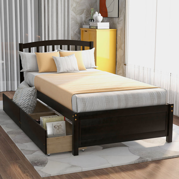 Twin Platform Storage Bed Wood Bed Frame With Two Drawers And Headboard - Espresso