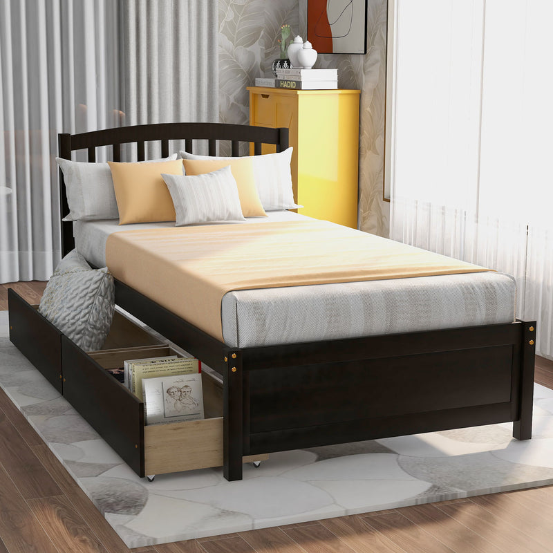 Twin Platform Storage Bed Wood Bed Frame With Two Drawers And Headboard - Espresso