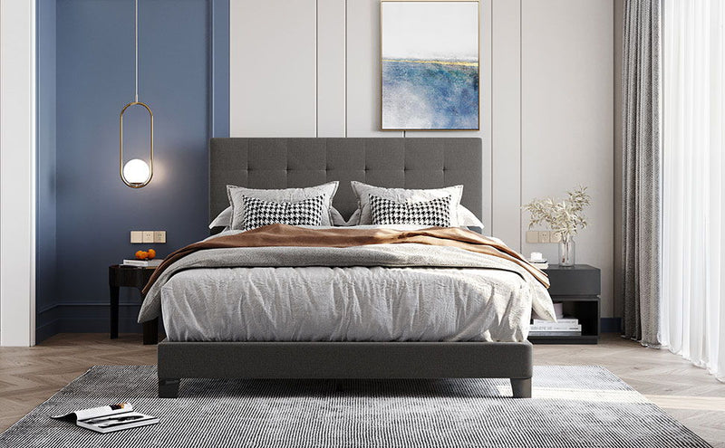 Queen Size Upholstered Platform Bed With Tufted Headboard, No Box Spring Needed - Gray