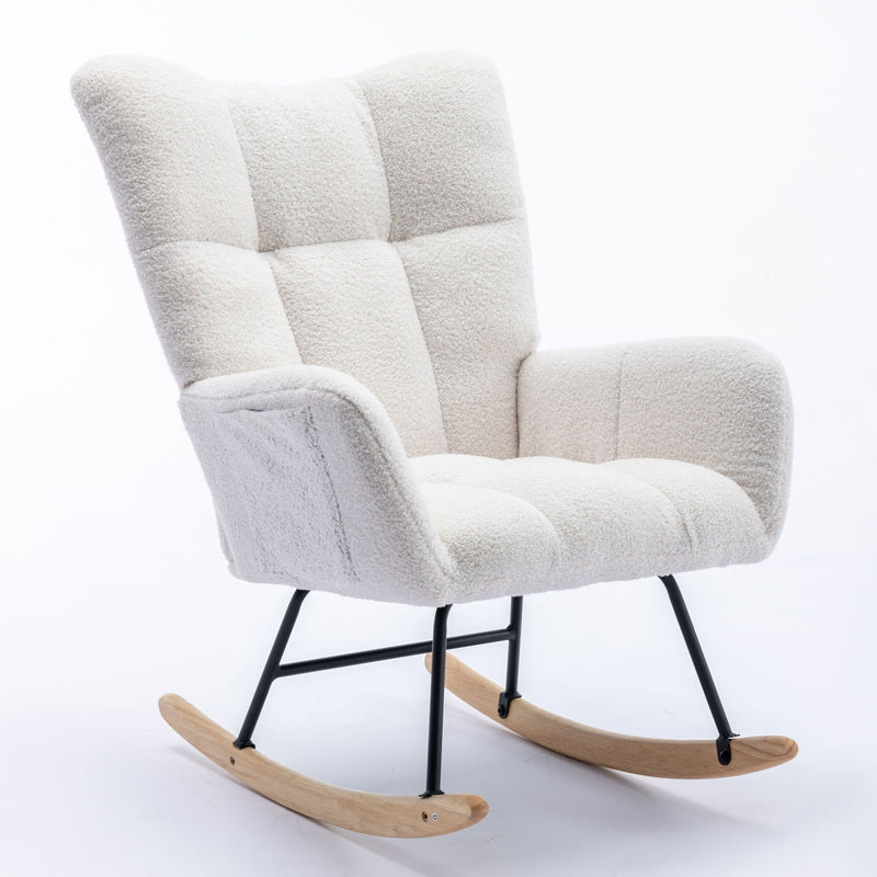 Rocking Chair With Pocket, Soft Teddy Fabric Rocking Chair For Nursery, Comfy Wingback Glider Rocker With Safe Solid Wood Base For Living Room