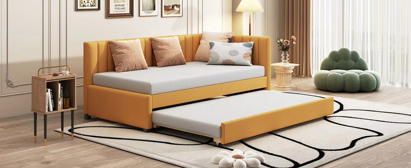 Upholstered Daybed with Trundle Twin Size Sofa Bed Frame No Box Spring Needed, Linen Fabric(Yellow)