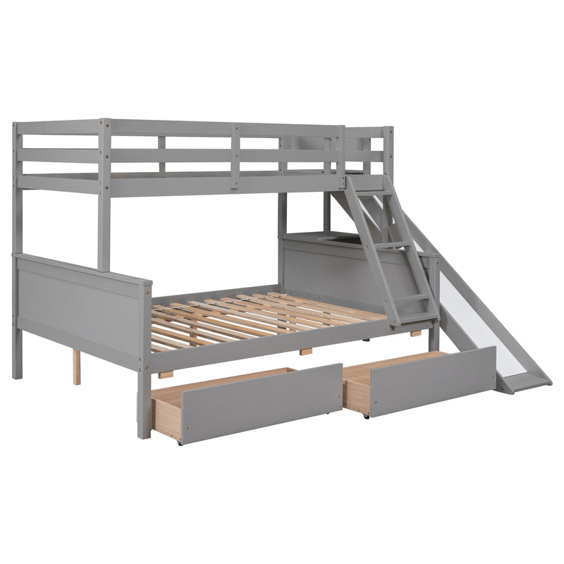 Twin over Full Bunk Bed with 2 Drawers,Slide,Shelves Grey