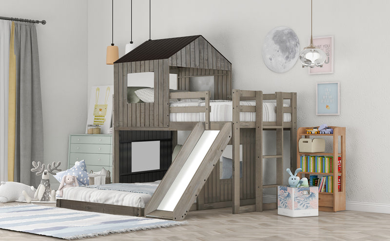 Wooden Twin Over Full Bunk Bed, Loft Bed with Playhouse, Farmhouse, Ladder, Slide and Guardrails, Antique Gray(OLD SKU :LT000028AAE)