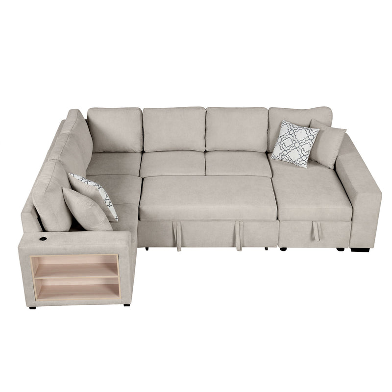 U-Shaped Sectional Sofa Pull-Out Sofa Bed With Two USB Ports, A Storage Chaise Lounge And Four Back Pillows For Living Room