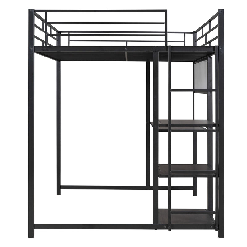 Full Size Loft Bed With Desk And Whiteboard, Metal Loft Bed With 3 Shelves And Ladder - Black