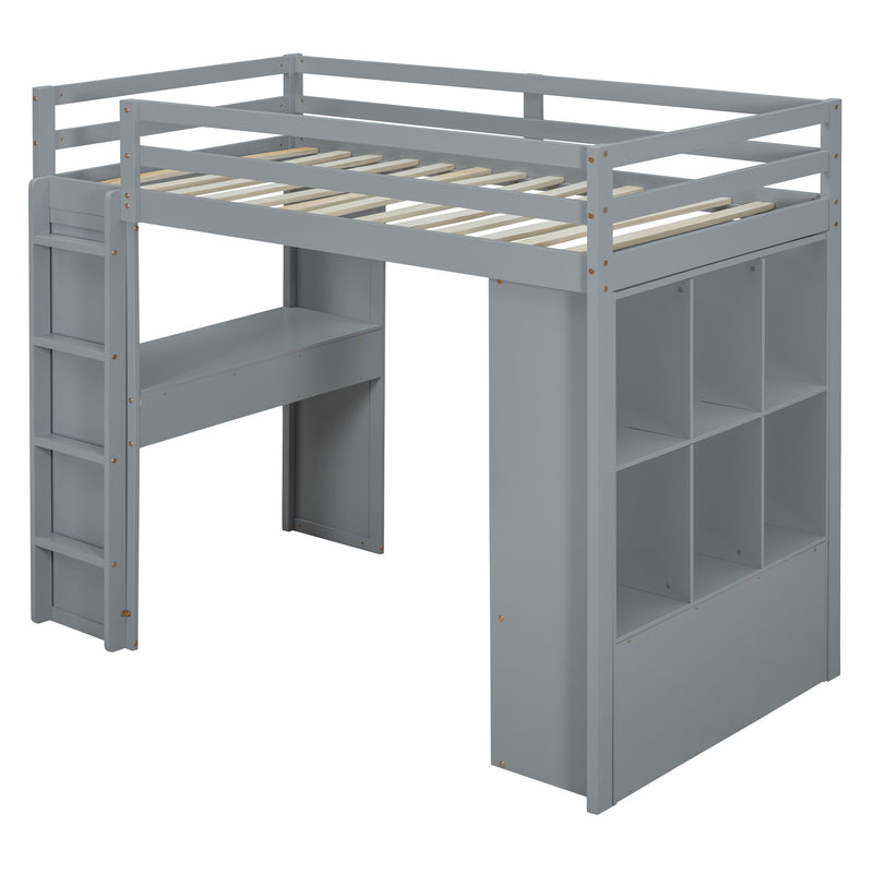 Twin Size Loft Bed with large shelves, writing desk and LED Light, Gray