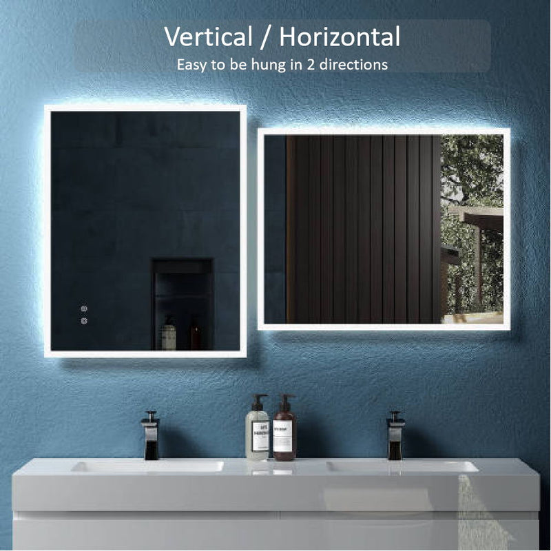 30" W x 24" H Modern Wall Mounted LED Backlit Anti-Fog Rectangular Bathroom Mirror With Us Standard Plug, Temperature Adjustable And Memory Function Touch Switch - White