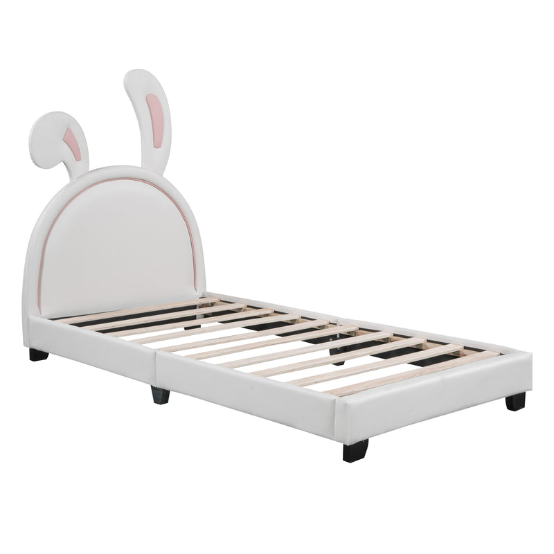 Twin Size Upholstered Leather Platform Bed with Rabbit Ornament, White