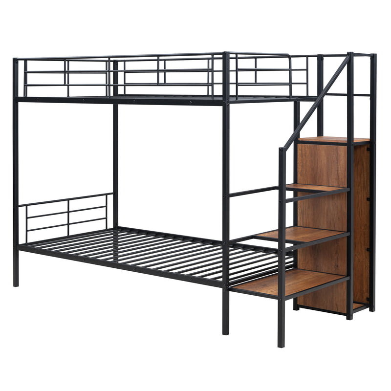 Twin Over Twin Metal Bunk Bed with Lateral Storage Ladder and Wardrobe, Black